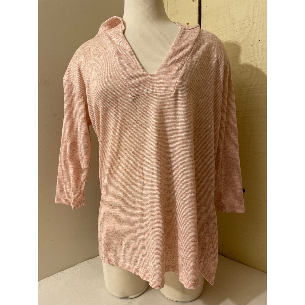 Bobeau Womens Size‎ Large Pink Striped V Neck Hoodie 3/4 Sleeve Casual Top